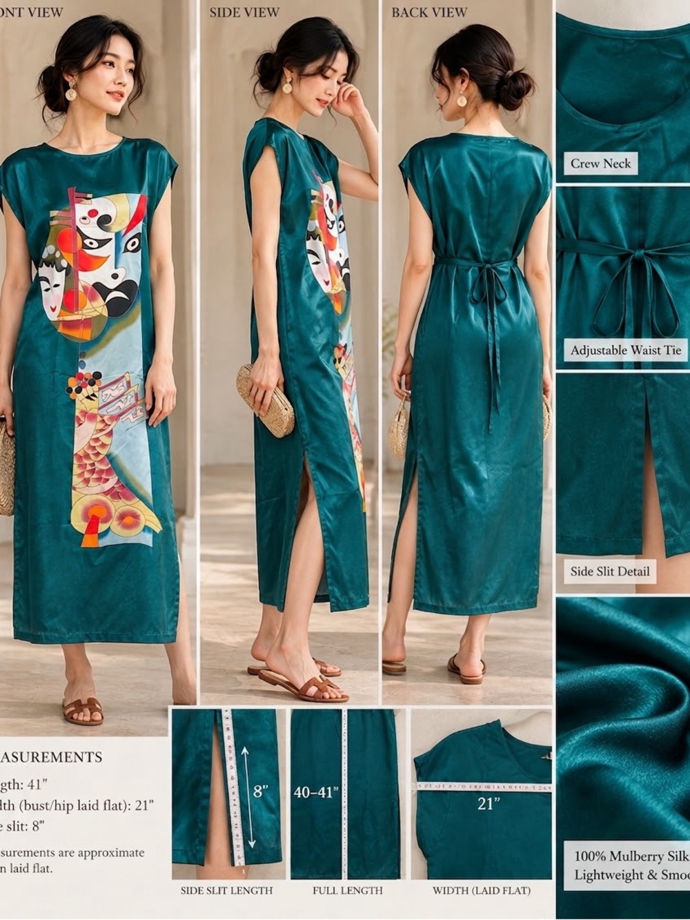 100% Mulberry Silk Chinese Opera Art Maxi Dress XXL